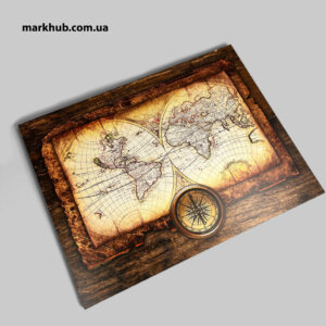 Впечатляющее изображение карты мира, выполненное технологией УФ-печати на деревянной основе